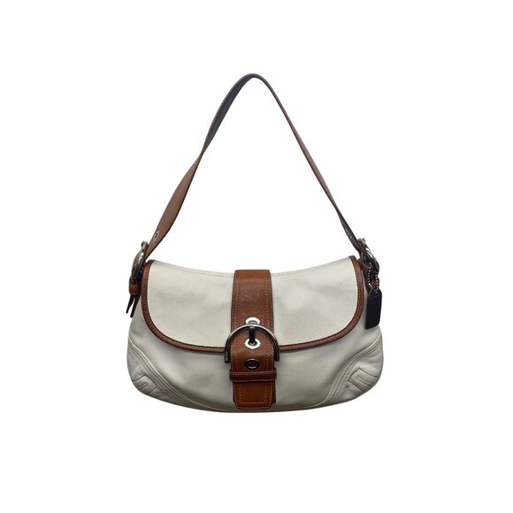 Coach Women’s White & Brown Leather Buckle Flap Detail Shoulder Bag